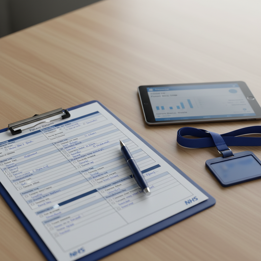 A close-up of a well-used, but clean, NHS paramedic clipboard lying on a smooth, light oak desk, with structured patient report forms partially filled in, alongside a dark blue pen and a compact digital tablet with a muted blue interface. A folded, plain lanyard with an obscured ID badge rests nearby, ensuring anonymity. Soft overcast daylight enters from the right, creating a gentle gradient across the desk surface and subtle reflections on the tablet screen. Shot from a slightly elevated angle following the rule of thirds, the focal point is the junction of paper and tablet, with a shallow depth of field that softly blurs the desk edges. The mood is focused and contemplative, highlighting administrative challenges in a clean, modern, photographic aesthetic.