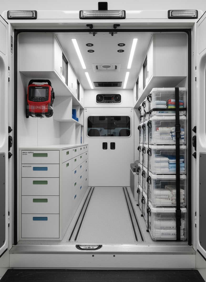 An organized ambulance interior seen from the open rear doors, featuring neatly aligned sealed equipment boxes, a secured defibrillator unit, and labeled drawers along smooth white cabinetry. Surfaces are clean with subtle matte finishes, accented by muted green and blue trim. Overhead strip lighting provides even, clinical illumination, softened just enough to avoid harsh glare while creating crisp, deliberate shadows along edges. The composition uses leading lines from the floor rails to draw the eye inward, captured from a slightly low, centered angle with sharp focus throughout. The atmosphere is controlled, professional, and methodical, emphasizing structure and order in a realistic photographic style with a neutral, corporate tone.